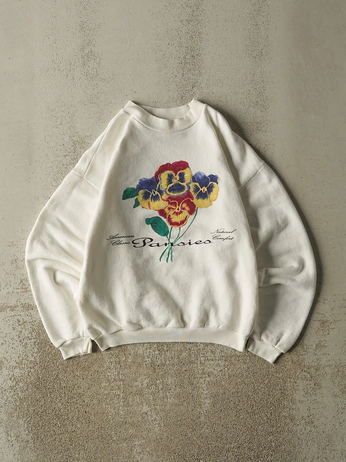 Vintage 80s White Pansies Crewneck (XS/S) sold by Rebalance Vintage