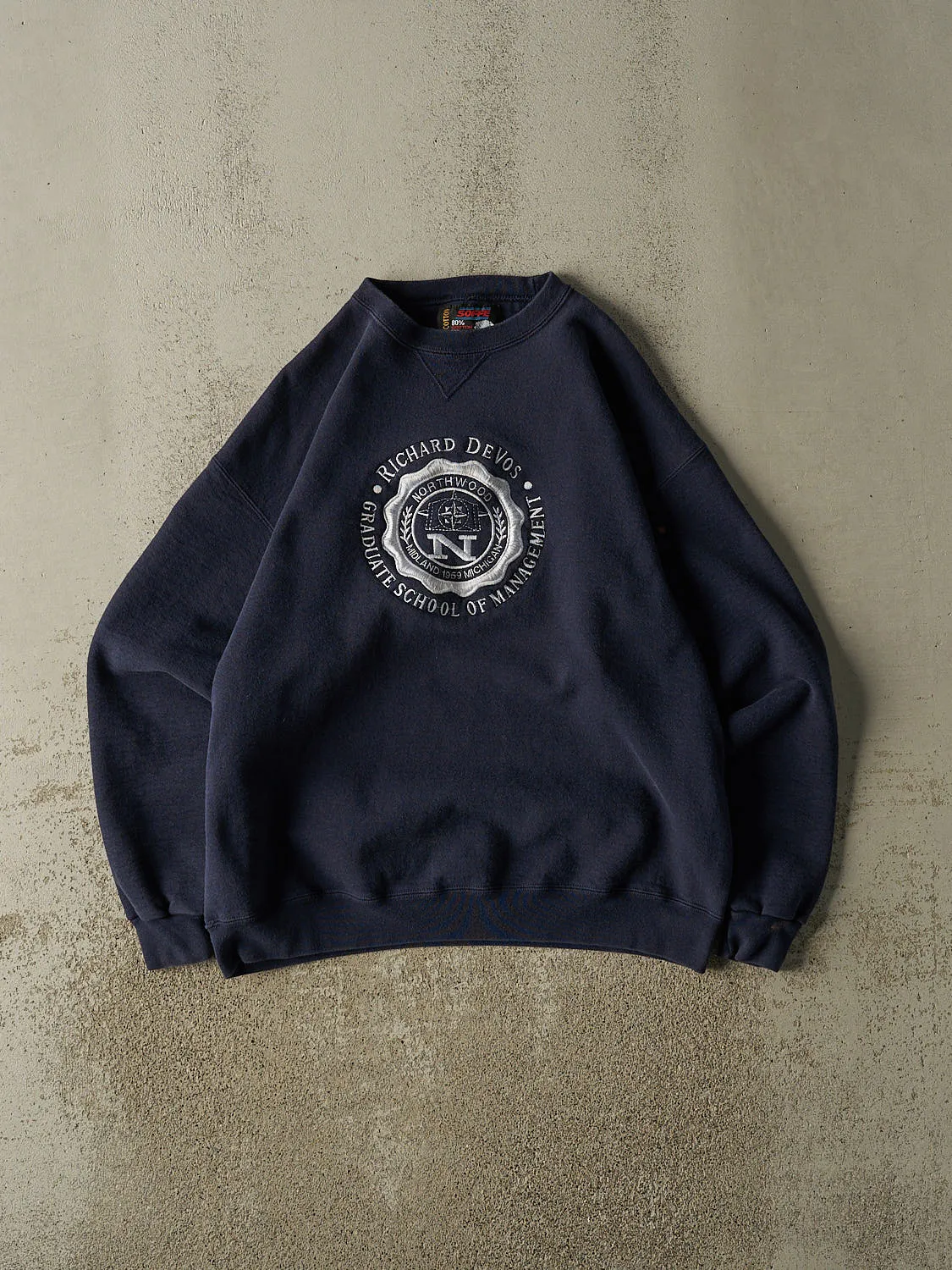 Vintage 90s Navy Blue Richard Devos Graduate School of Management Crewneck (L/XL) sold by Rebalance Vintage