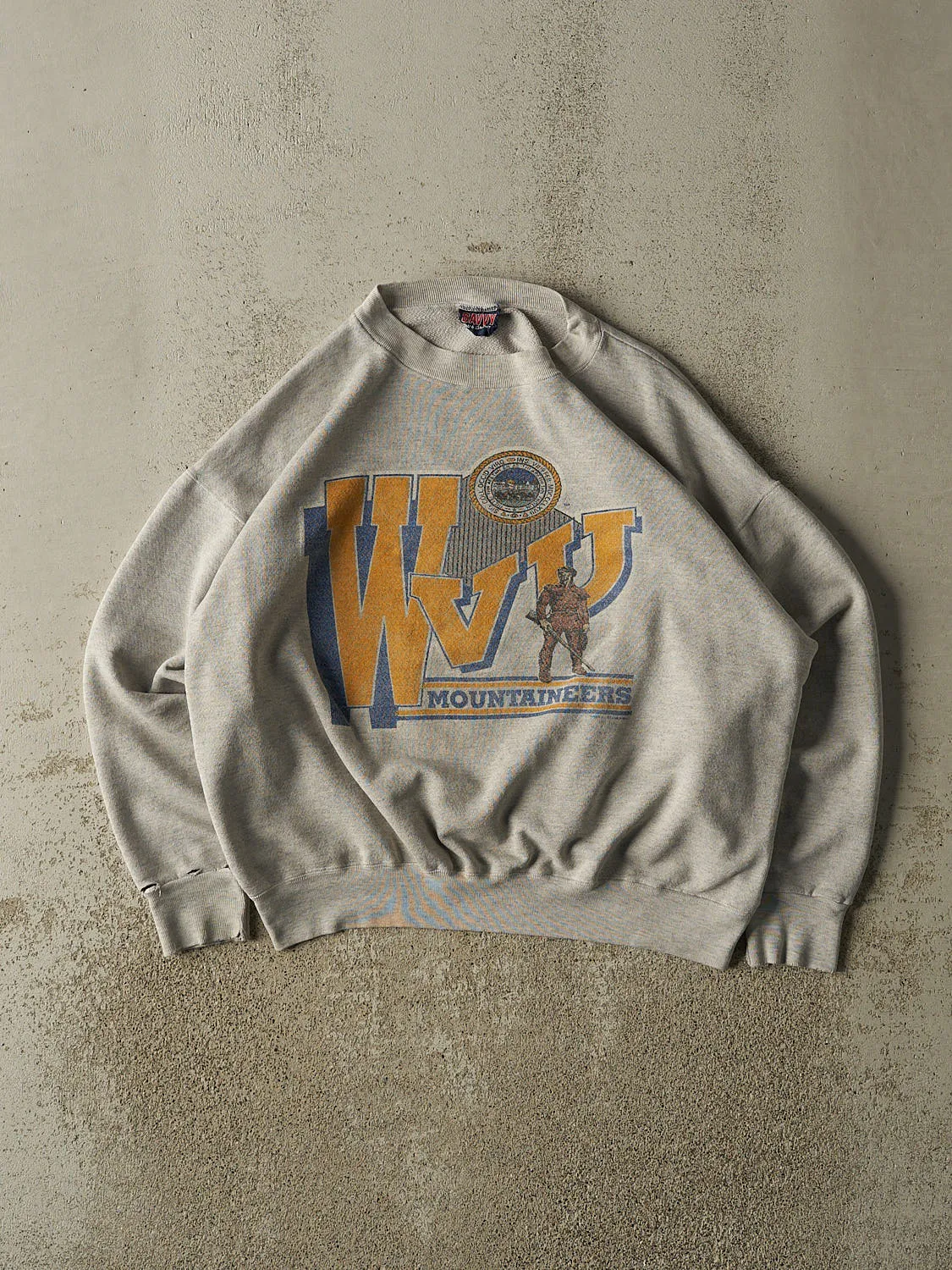 Vintage 80s Grey West Virginia University Mountaineers Boxy Crewneck (S/M) sold by Rebalance Vintage