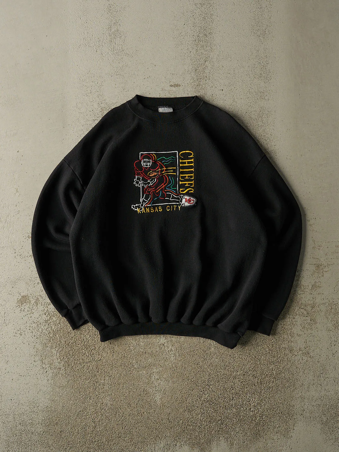 Vintage 90s Black Kansas City Chiefs Embroidered Crewneck (L/XL) sold by Rebalance Vintage