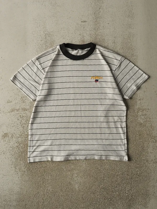 Vintage 90s Grey & Black Fubu Striped Tee (M) sold by Rebalance Vintage