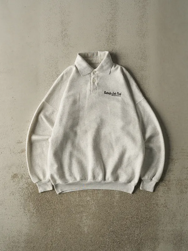 Vintage 90s Heather Grey Butterfly Lake Park Quarter Button Sweater (XL) sold by Rebalance Vintage