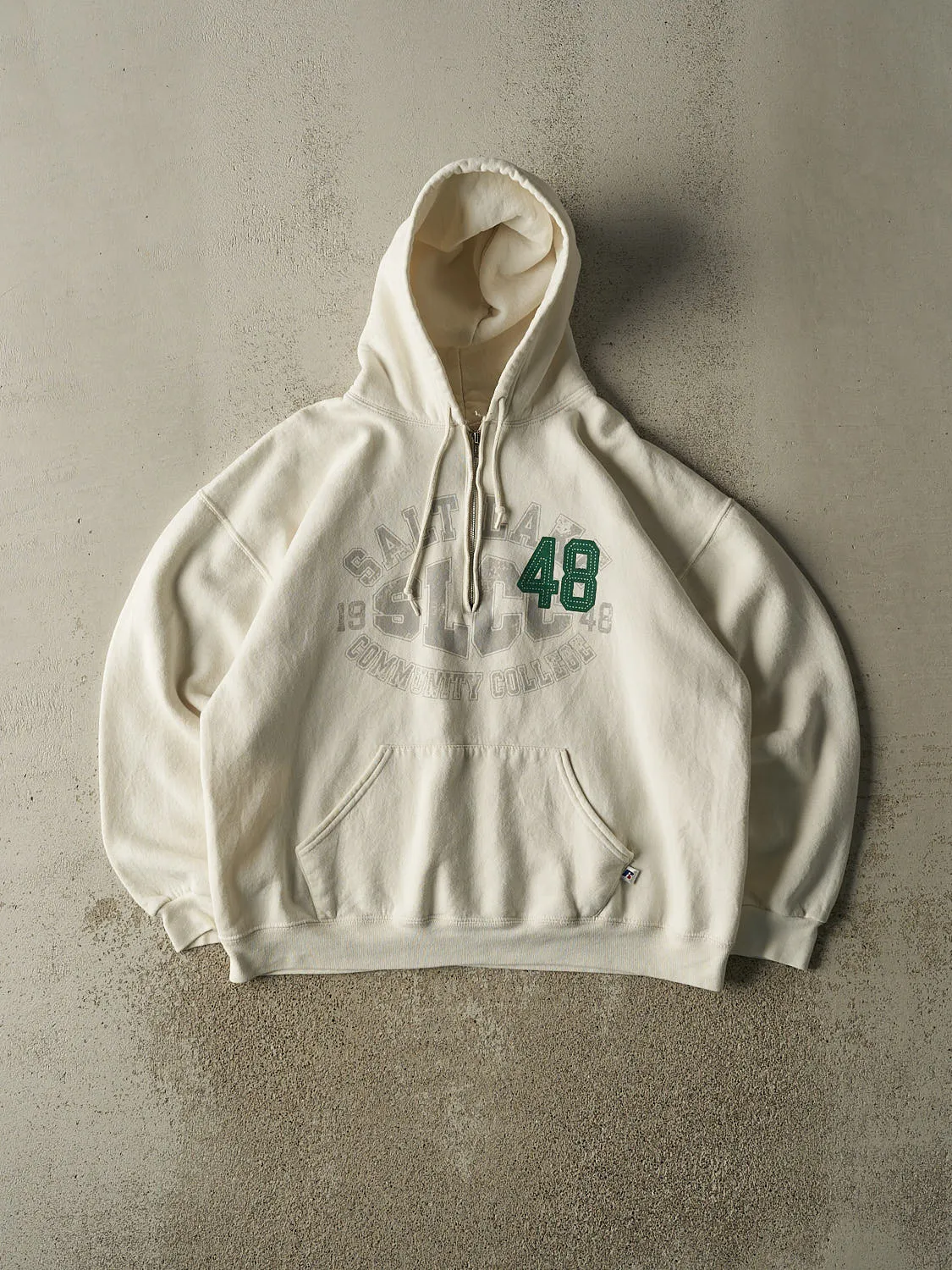 Vintage Y2K Beige Russell Athletic Quarter Zip Hoodie (M/L) sold by Rebalance Vintage