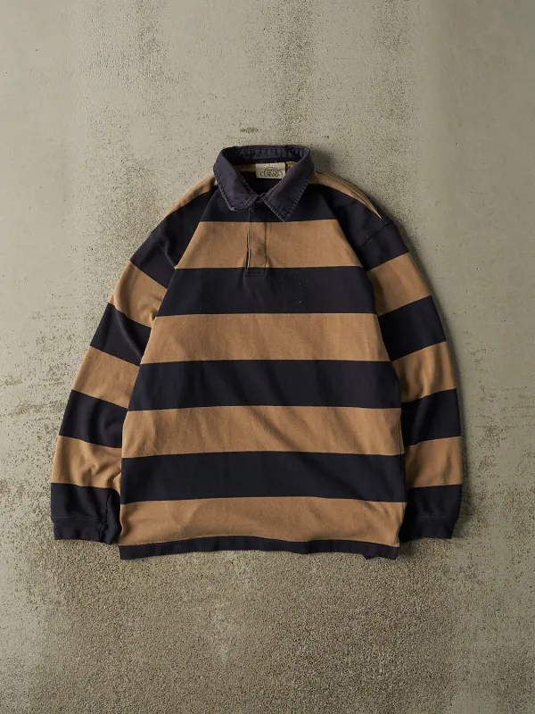 Vintage 90s Beige & Navy Striped Quarter Button Long Sleeve (L) made by Rebalance Vintage