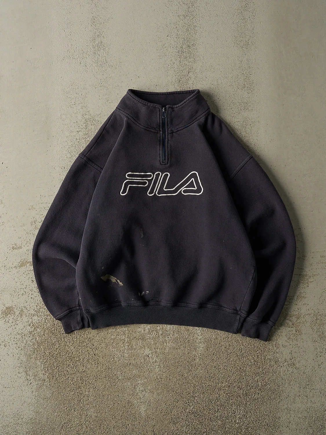Vintage 90s Navy Blue Fila Embroidered Quarter Zip Sweater (M/L) sold by Rebalance Vintage