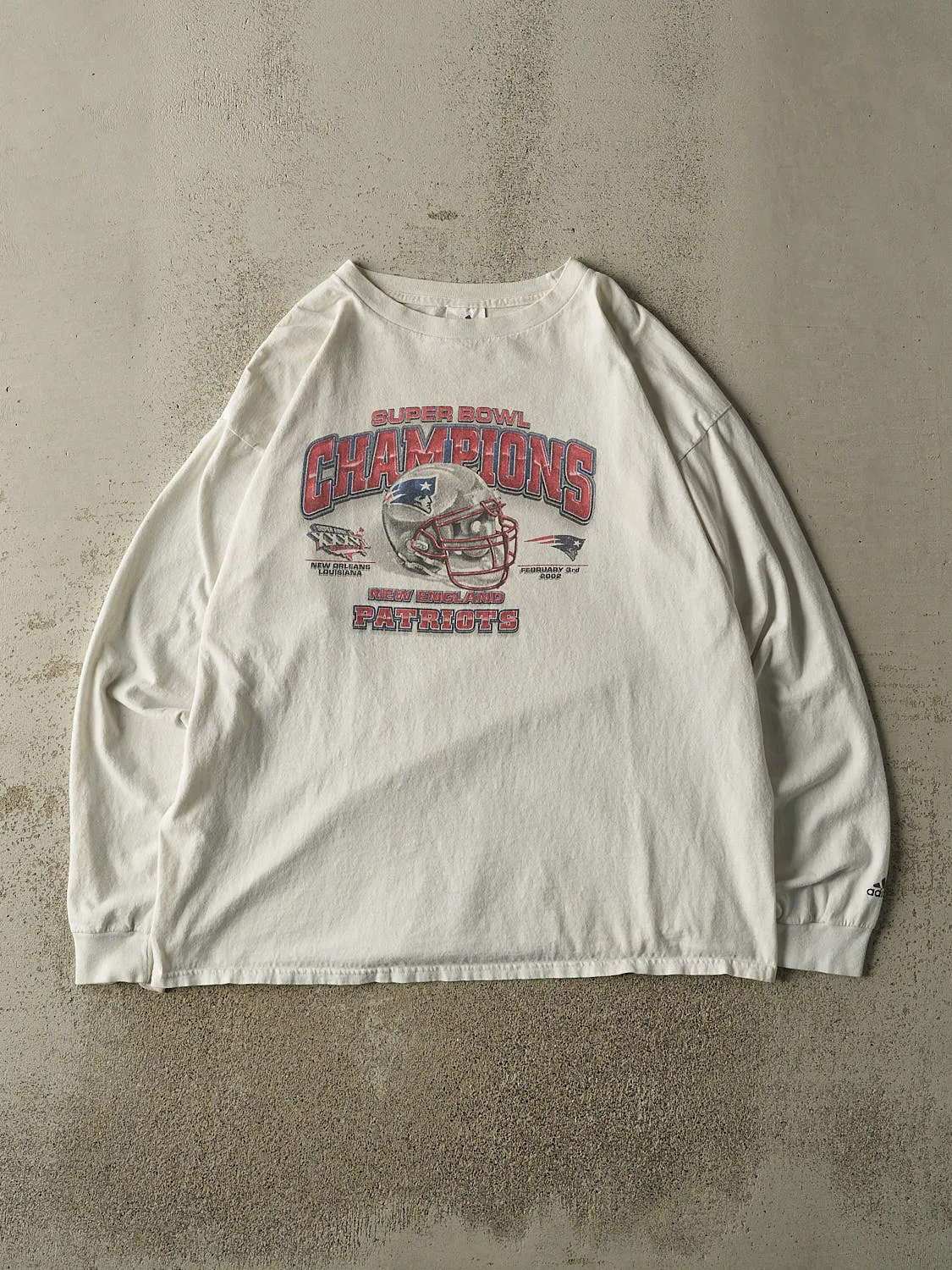 Vintage 02' White New England Patriots Super Bowl XXXVI Champions Long Sleeve (XL/XXL) sold by Rebalance Vintage