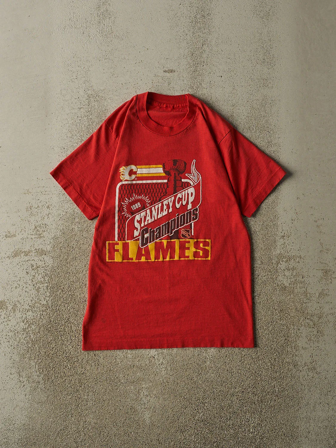 Vintage 89' Red Calgary Flames Stanley Cup Champions Tee (XS/S) sold by Rebalance Vintage
