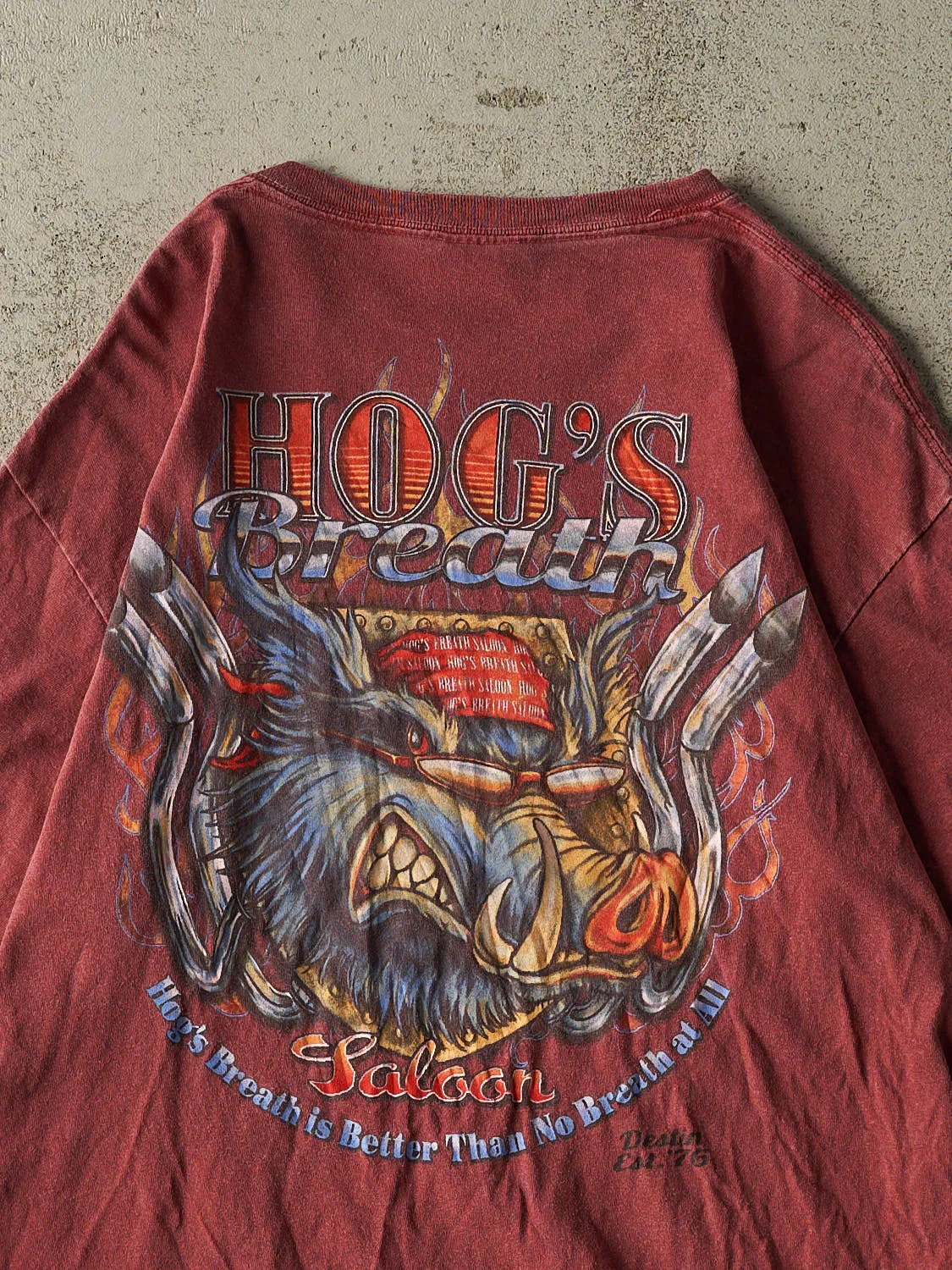 Vintage Y2K Burgundy Hog's Breath Saloon Tee (M/L) sold by Rebalance Vintage product image thumbnail 4