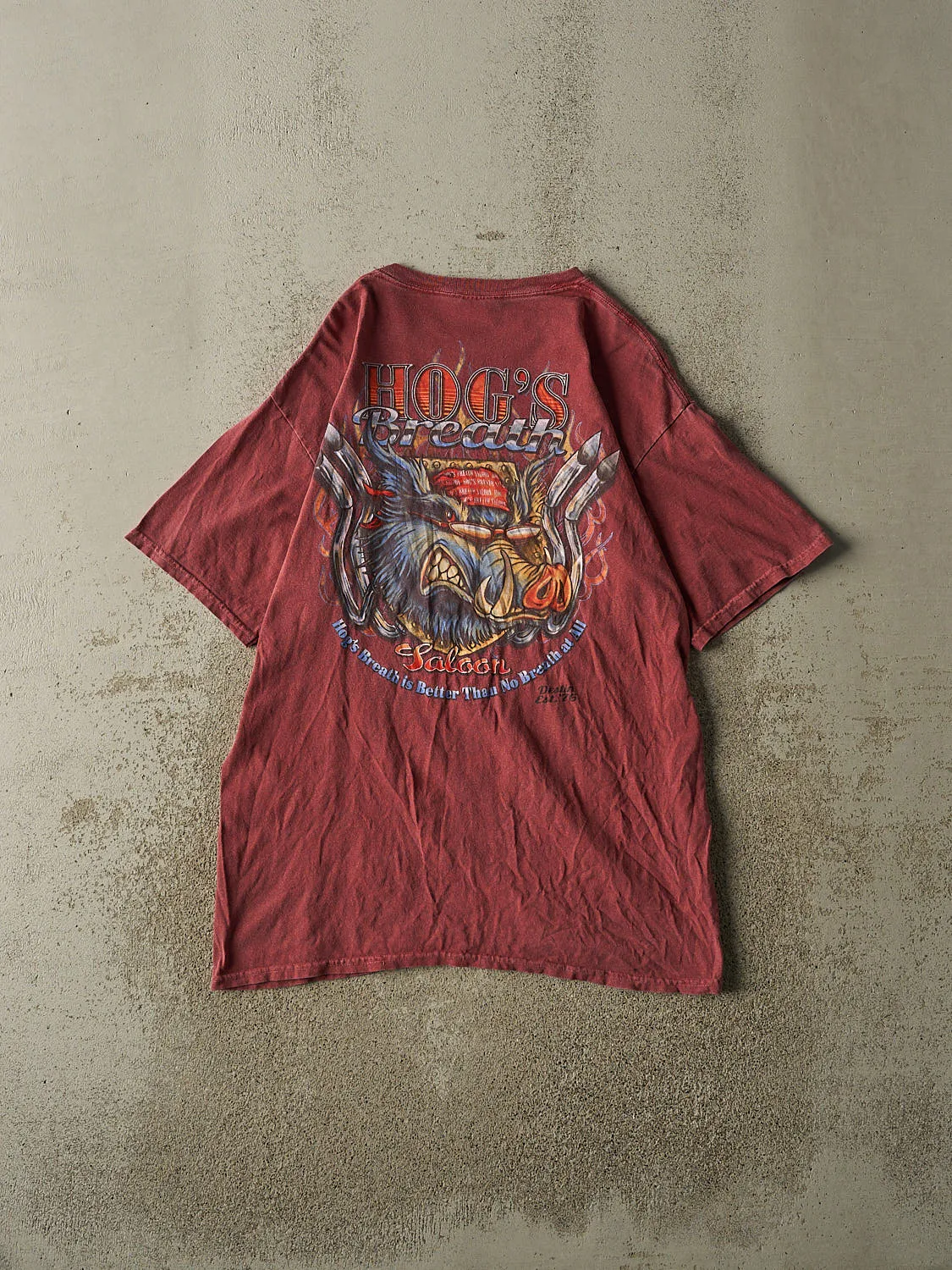 Vintage Y2K Burgundy Hog's Breath Saloon Tee (M/L) sold by Rebalance Vintage product image thumbnail 2