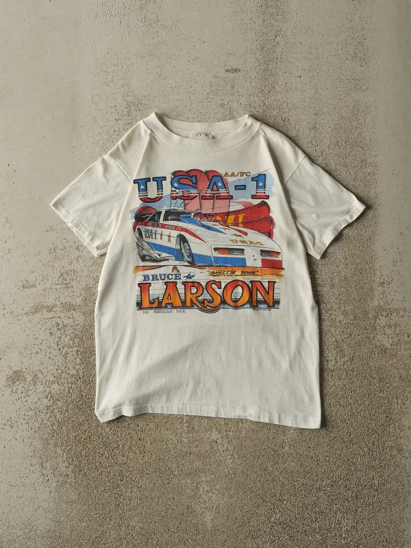 Vintage 85' White Bruce Larson Single Stitch Racing Tee (XS/S) made by Rebalance Vintage