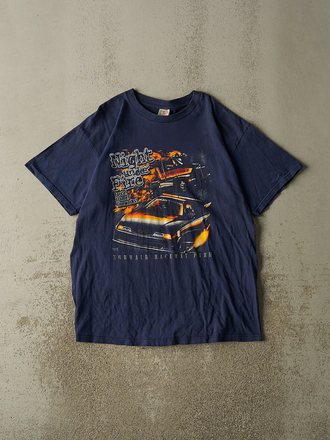 Vintage Y2K Navy Blue Norwalk Raceway Park Night Under Fire Tee (L/XL) sold by Rebalance Vintage