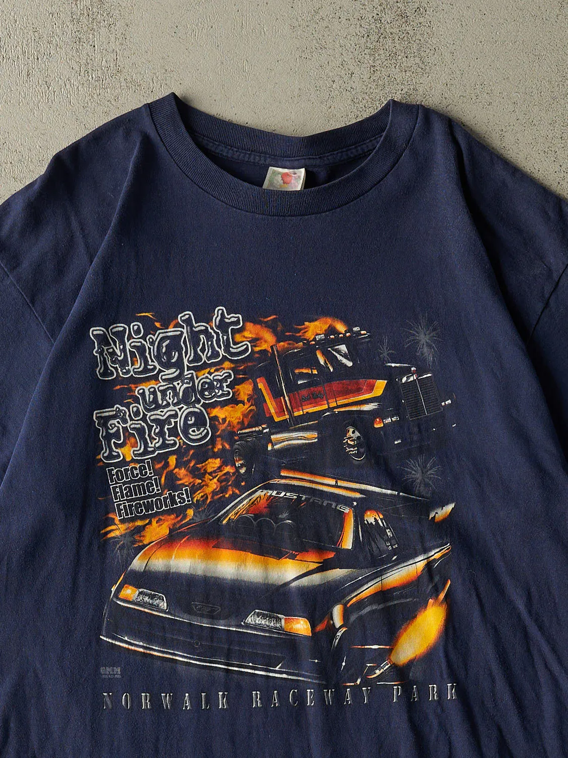 Vintage Y2K Navy Blue Norwalk Raceway Park Night Under Fire Tee (L/XL) sold by Rebalance Vintage product image thumbnail 2