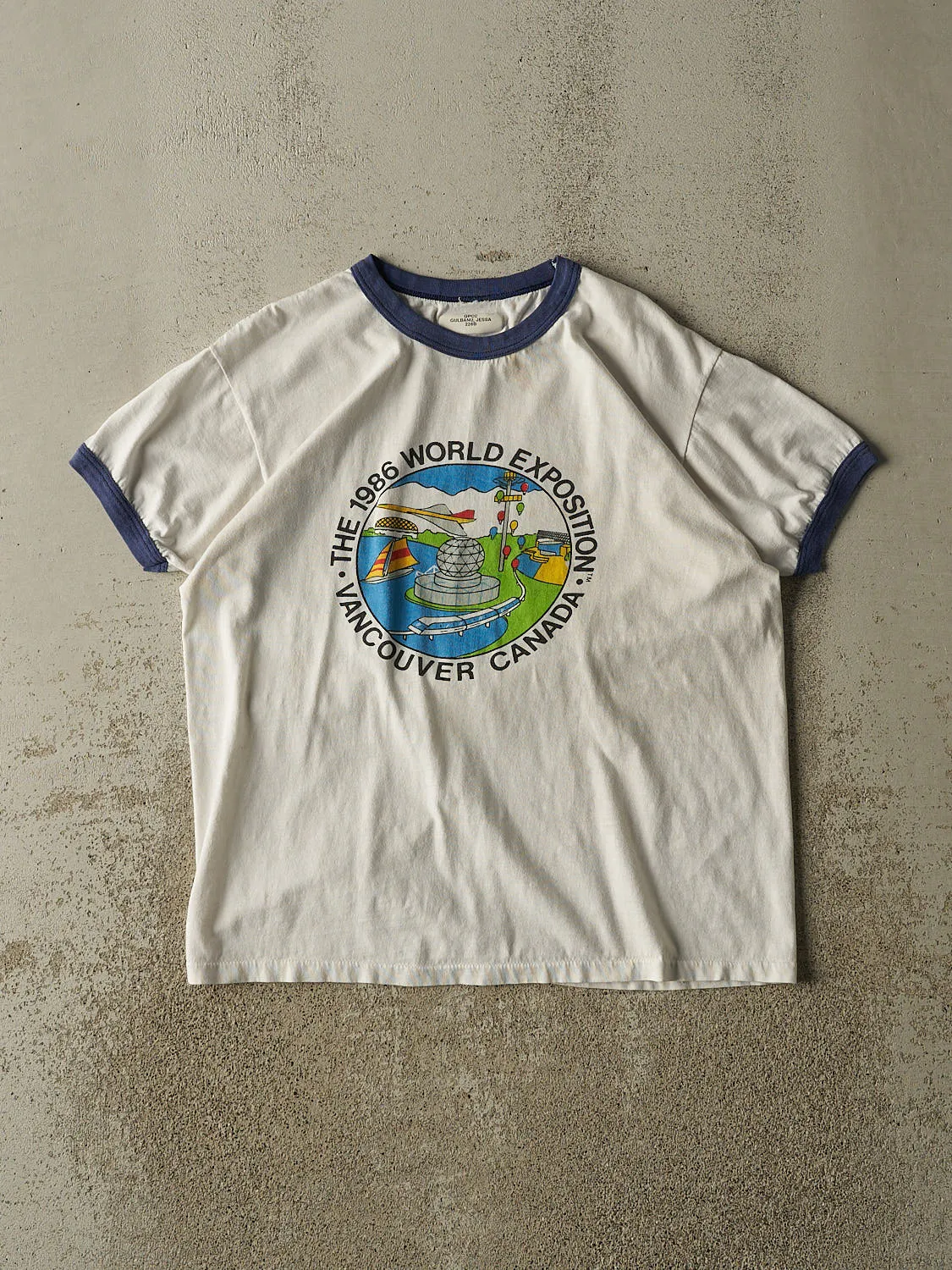 Vintage 86' White World Expo Ringer Tee (M/L) sold by Rebalance Vintage