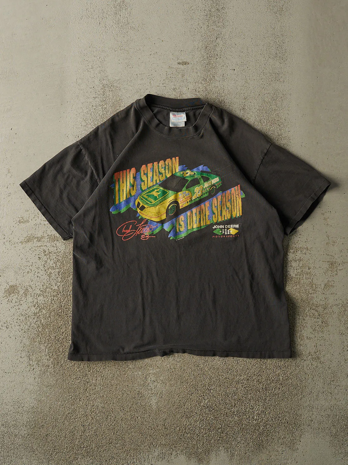 Vintage 96' Black Chad Little John Deere Racing Single Stitch Tee (L/XL) sold by Rebalance Vintage