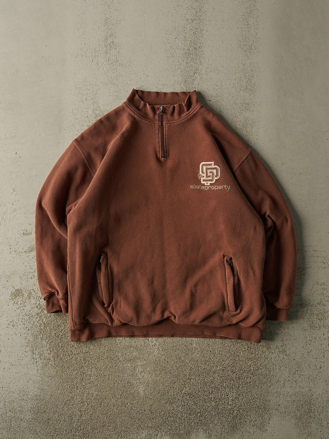 Vintage 90s Brown State Property Quarter Zip Waffle Knit Heavyweight Sweater (XL/XXL) sold by Rebalance Vintage