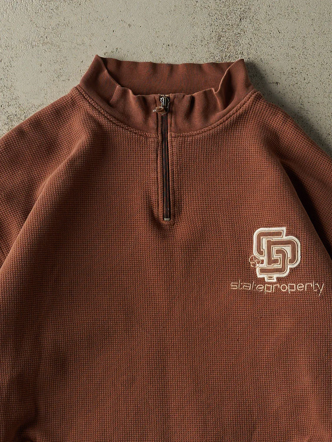 Vintage 90s Brown State Property Quarter Zip Waffle Knit Heavyweight Sweater (XL/XXL) sold by Rebalance Vintage product image thumbnail 2
