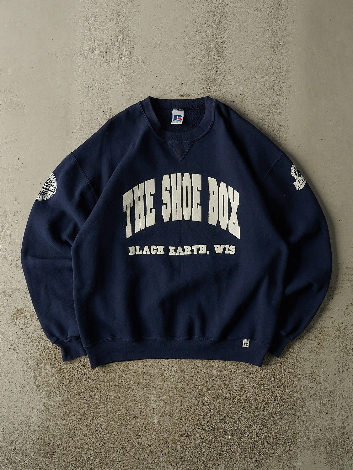 Vintage 90s Navy Blue Russell Athletic Madison Mallards "The Shoe Box" Crewneck (XL) sold by Rebalance Vintage
