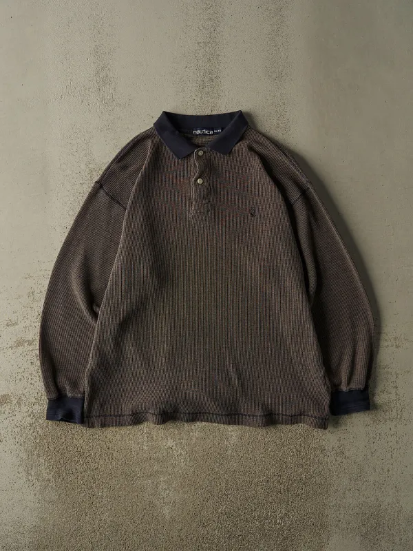 Vintage 90s Brown Nautica Quarter Button Thermal Long Sleeve (XL) made by Rebalance Vintage