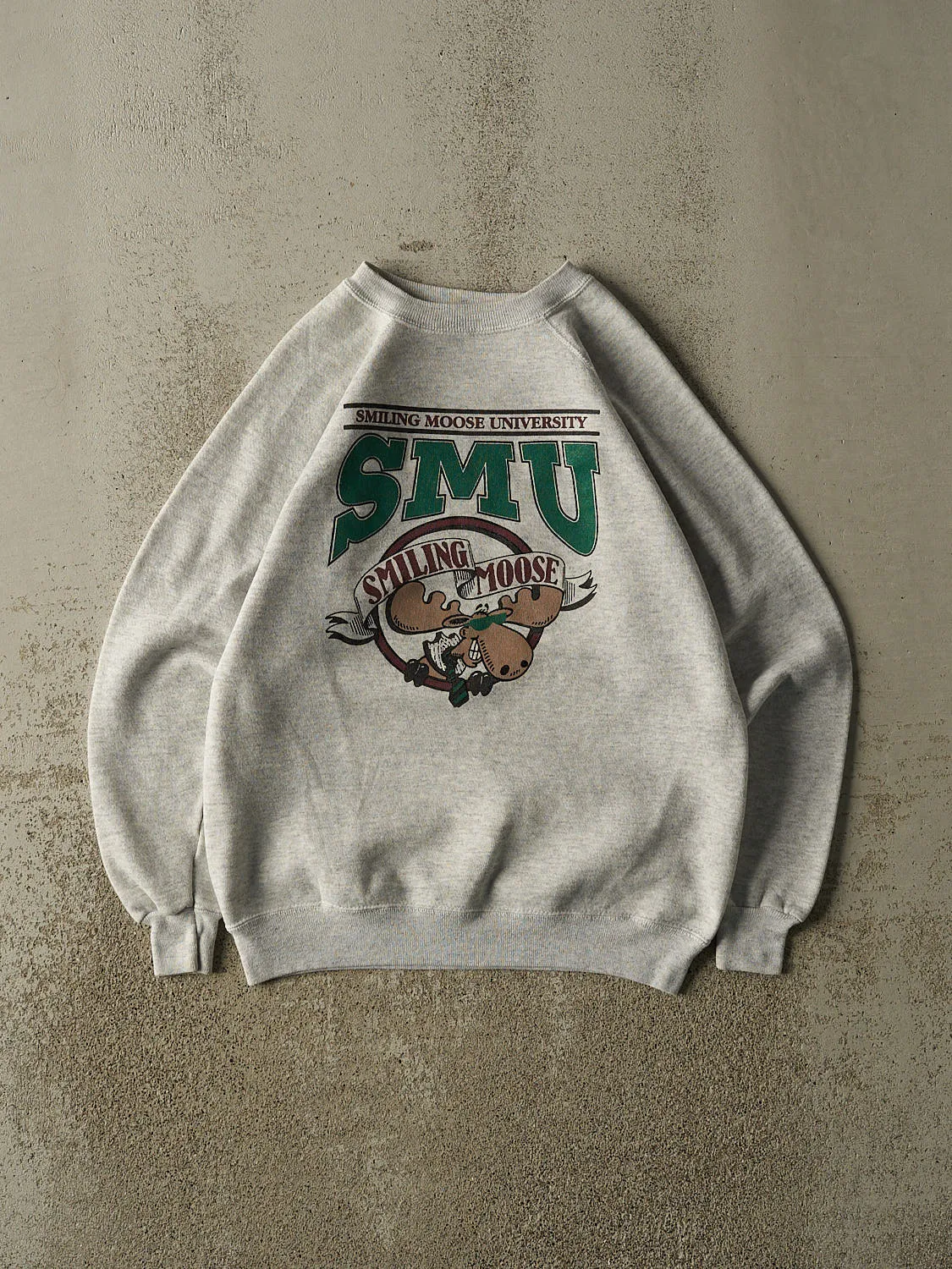 Vintage 80s Heather Grey Smiling Moose University Crewneck (S) sold by Rebalance Vintage
