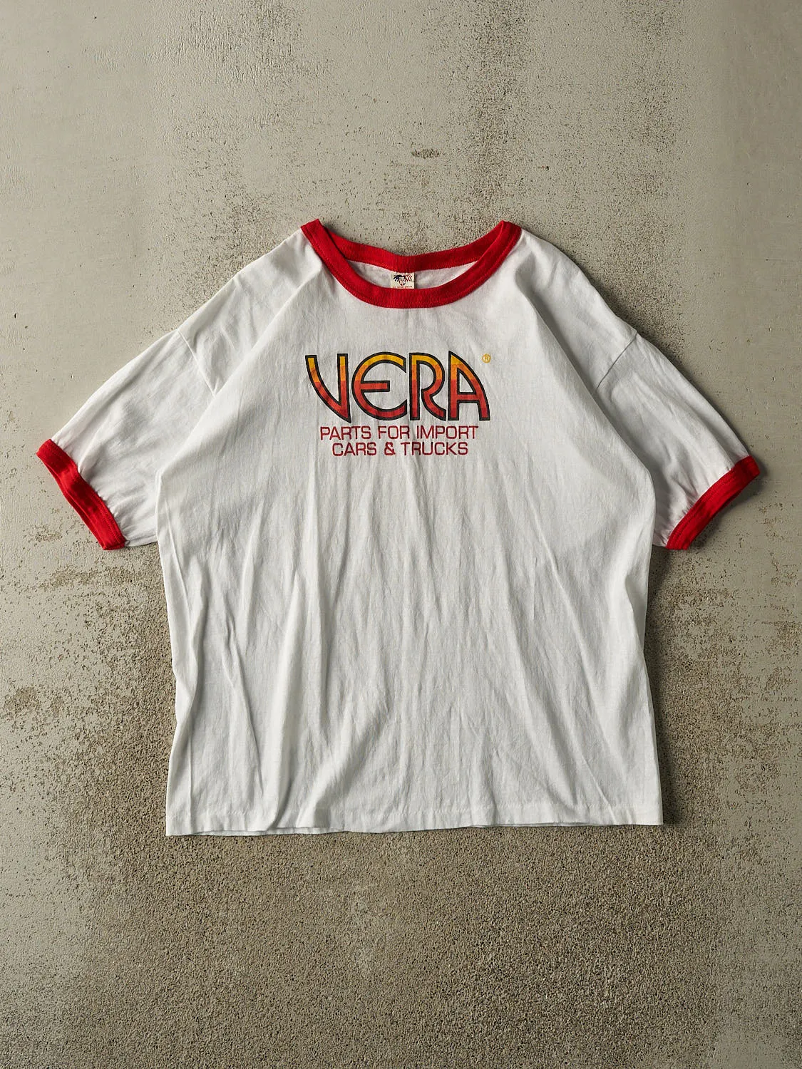 Vintage 80s White Vera Import Parts Ringer Tee (L/XL) sold by Rebalance Vintage