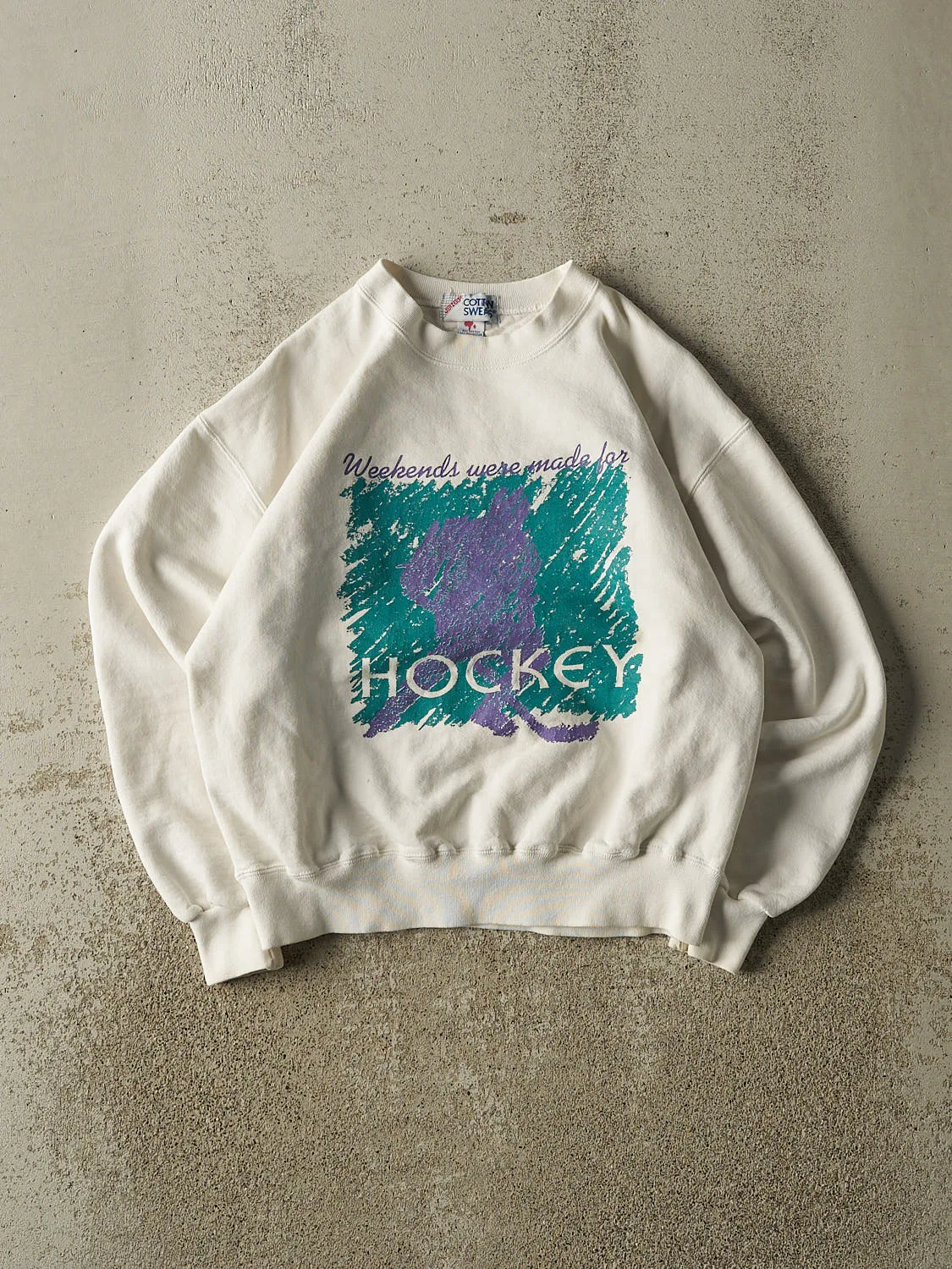 Vintage 80s White "Weekends Were Made For Hockey" Crewneck (XS/S) sold by Rebalance Vintage