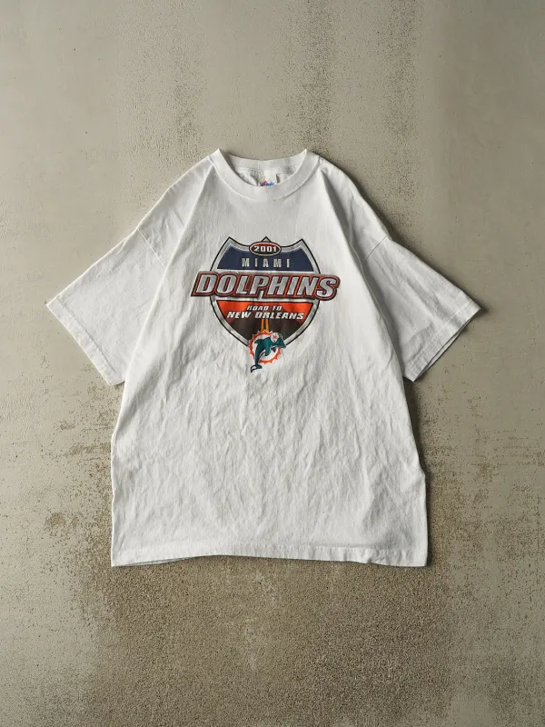 Vintage 01' White Miami Dolphins Season Schedule Tee (XXL) made by Rebalance Vintage