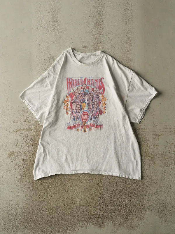 Vintage Y2K White Detroit Pistons 89' World Champs Bootleg Tee (L/XL) made by Rebalance Vintage