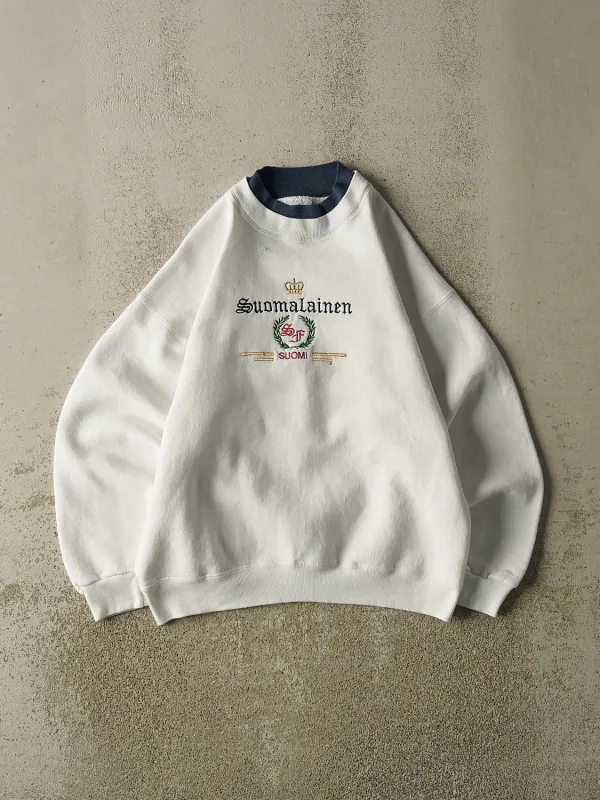 Vintage 90s White Suomalainen Embroidered Crewneck (M) made by Rebalance Vintage