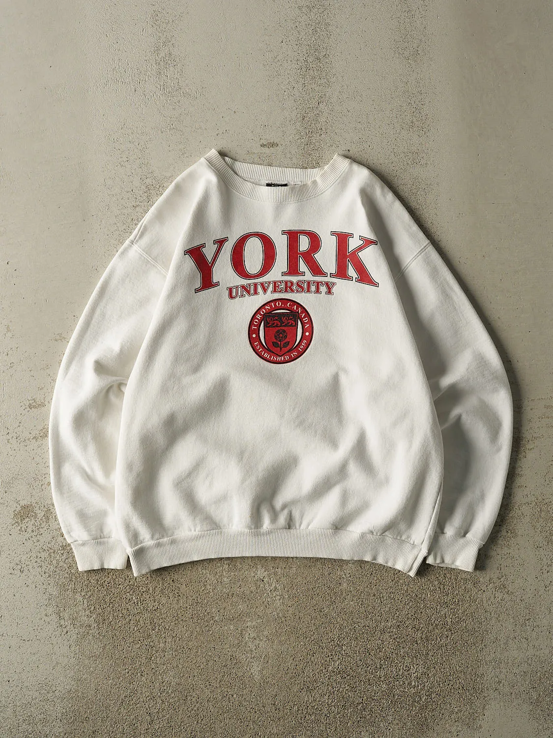 Vintage 90s White York University Crewneck (L) sold by Rebalance Vintage