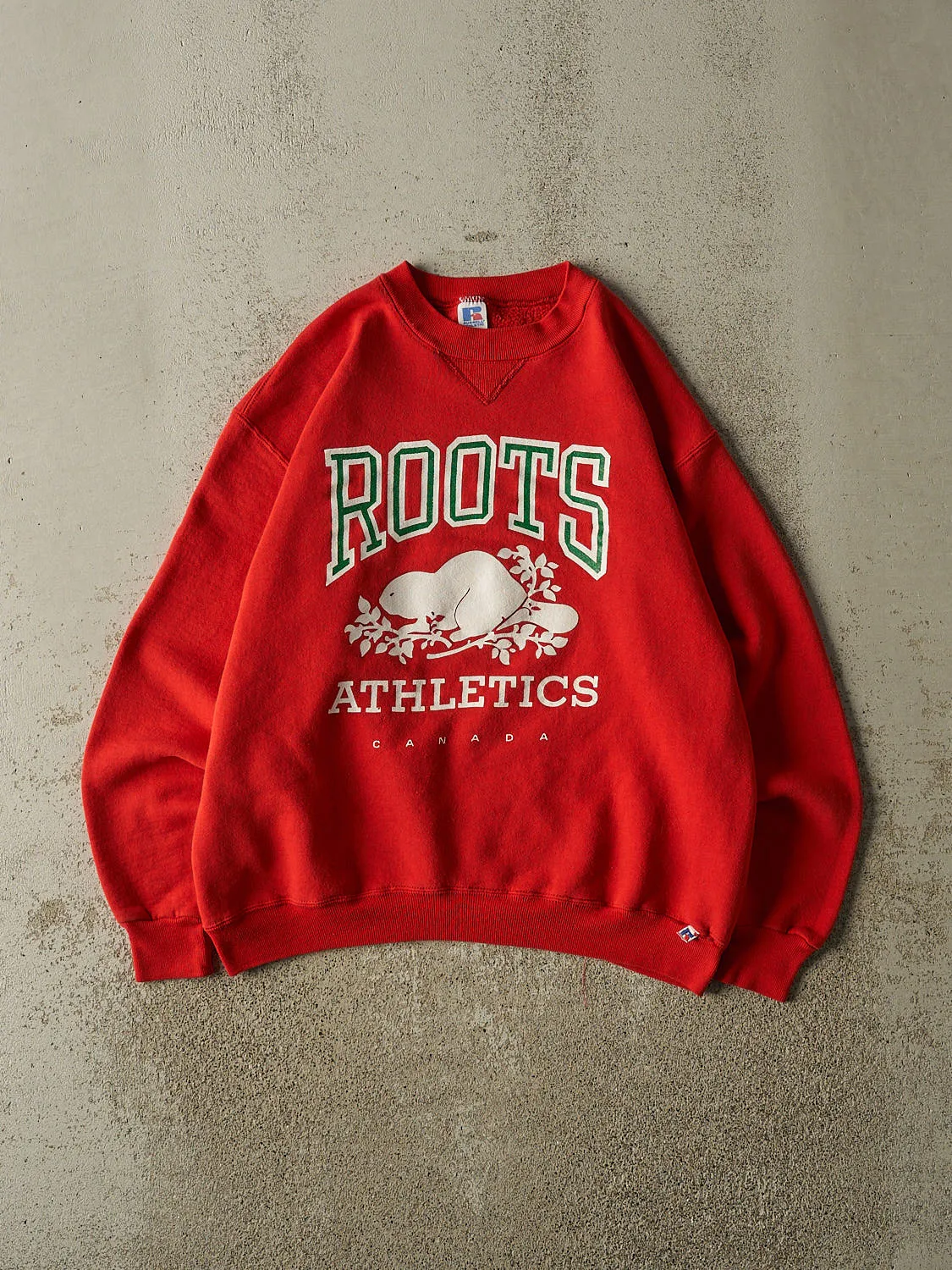 Vintage 80s Red Russell Athletic x Roots Crewneck (M/L) sold by Rebalance Vintage