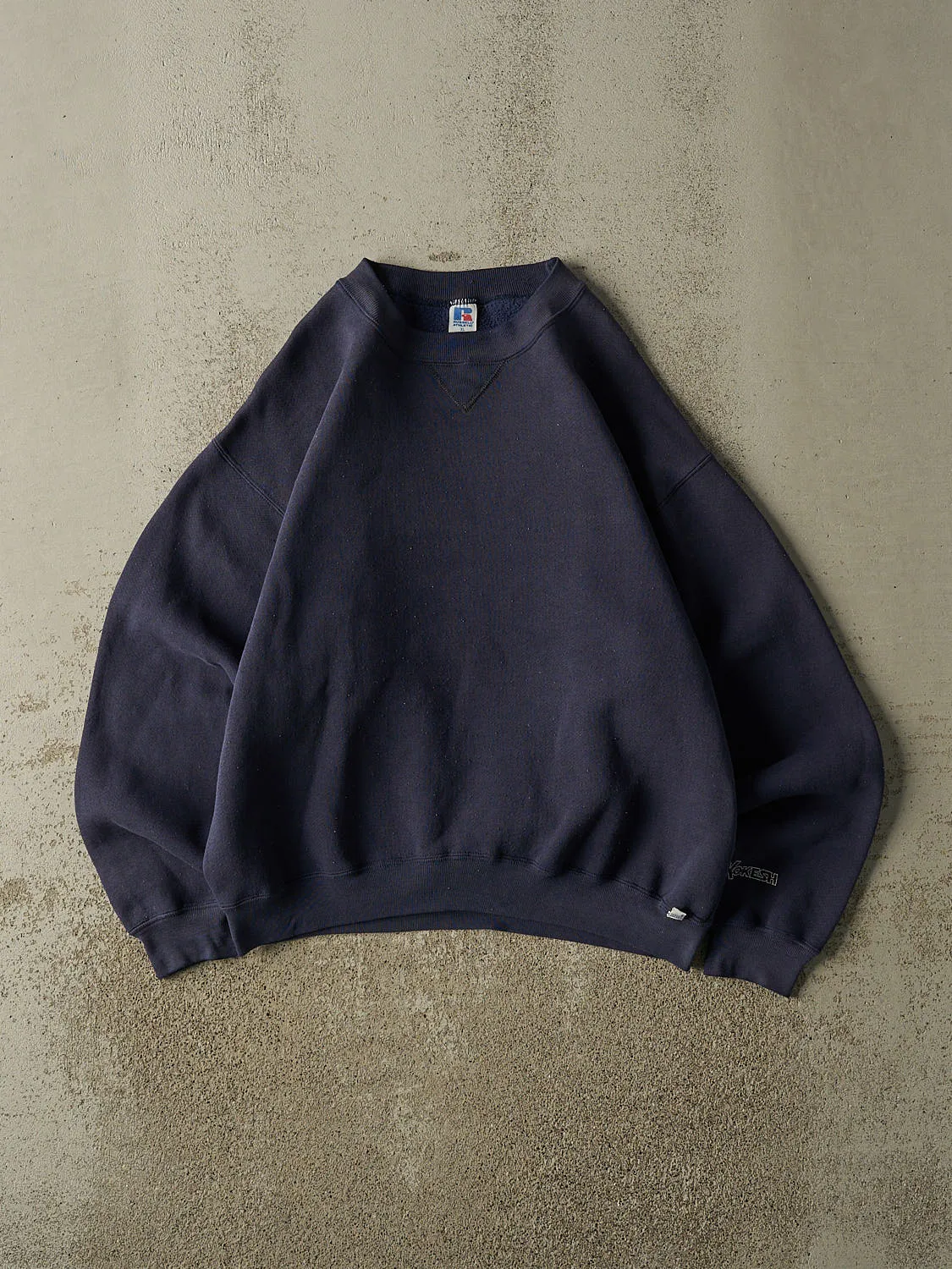 Vintage 90s Navy Blue Russell Athletic Blank Crewneck (L/XL) sold by Rebalance Vintage