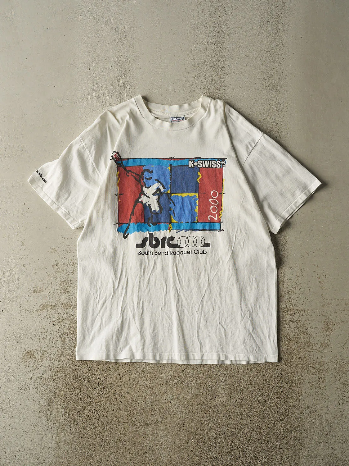 Vintage 00' White K Swiss x South Bend Racquet Club Tee (L/XL) sold by Rebalance Vintage