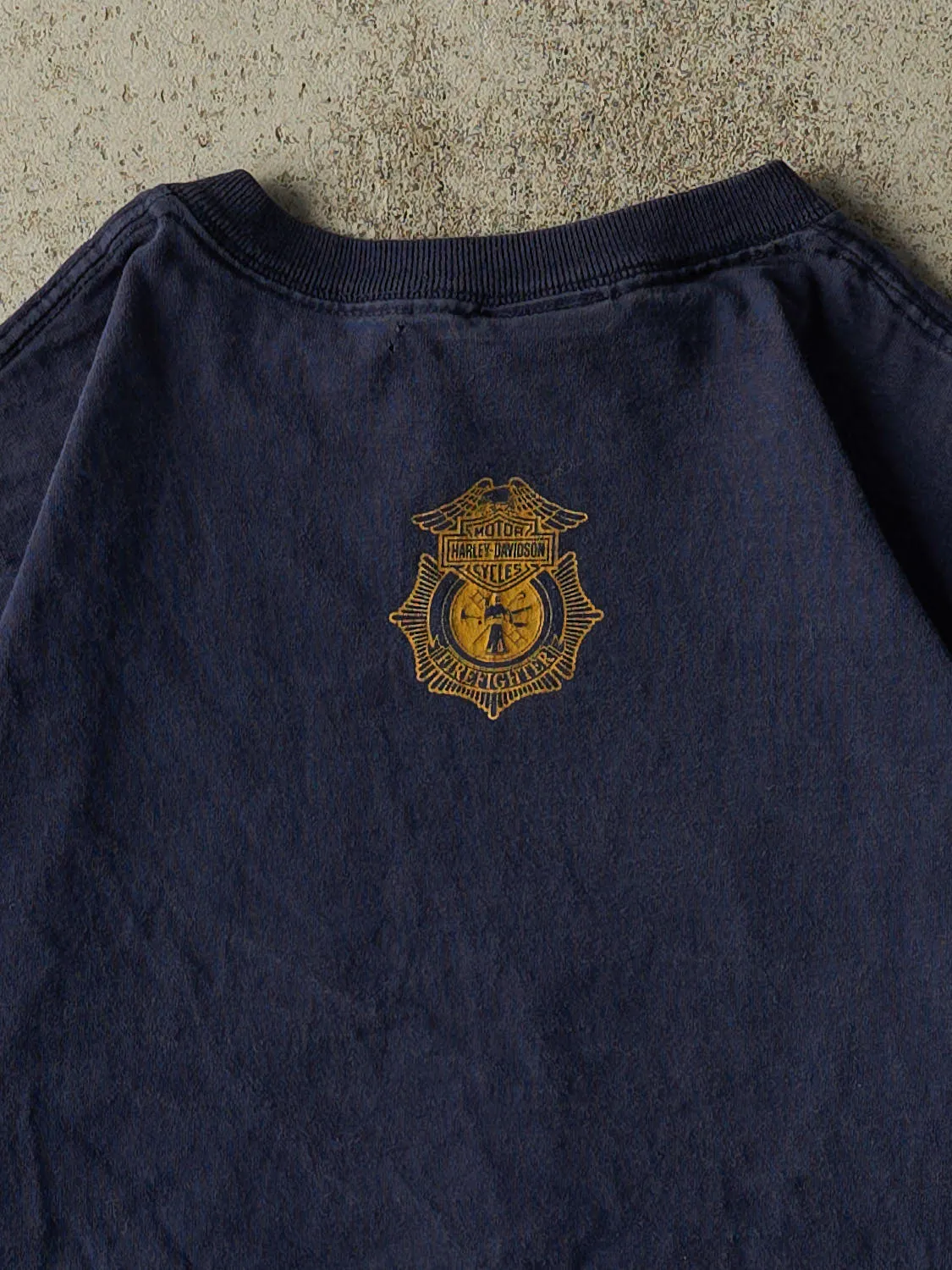 Vintage 02' Navy Blue Harley Davidson Firefighter Tee (S/M) sold by Rebalance Vintage product image thumbnail 4