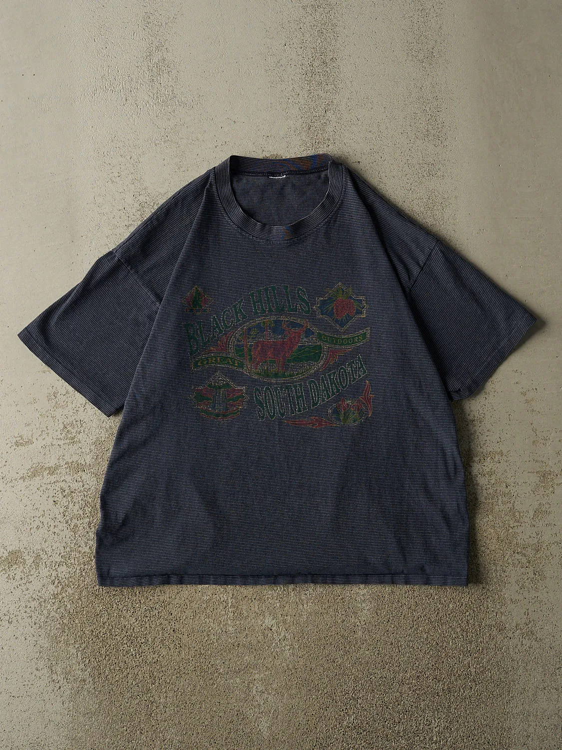 Vintage 80s Navy Blue Striped Black Hills South Dakota Tee (L) sold by Rebalance Vintage