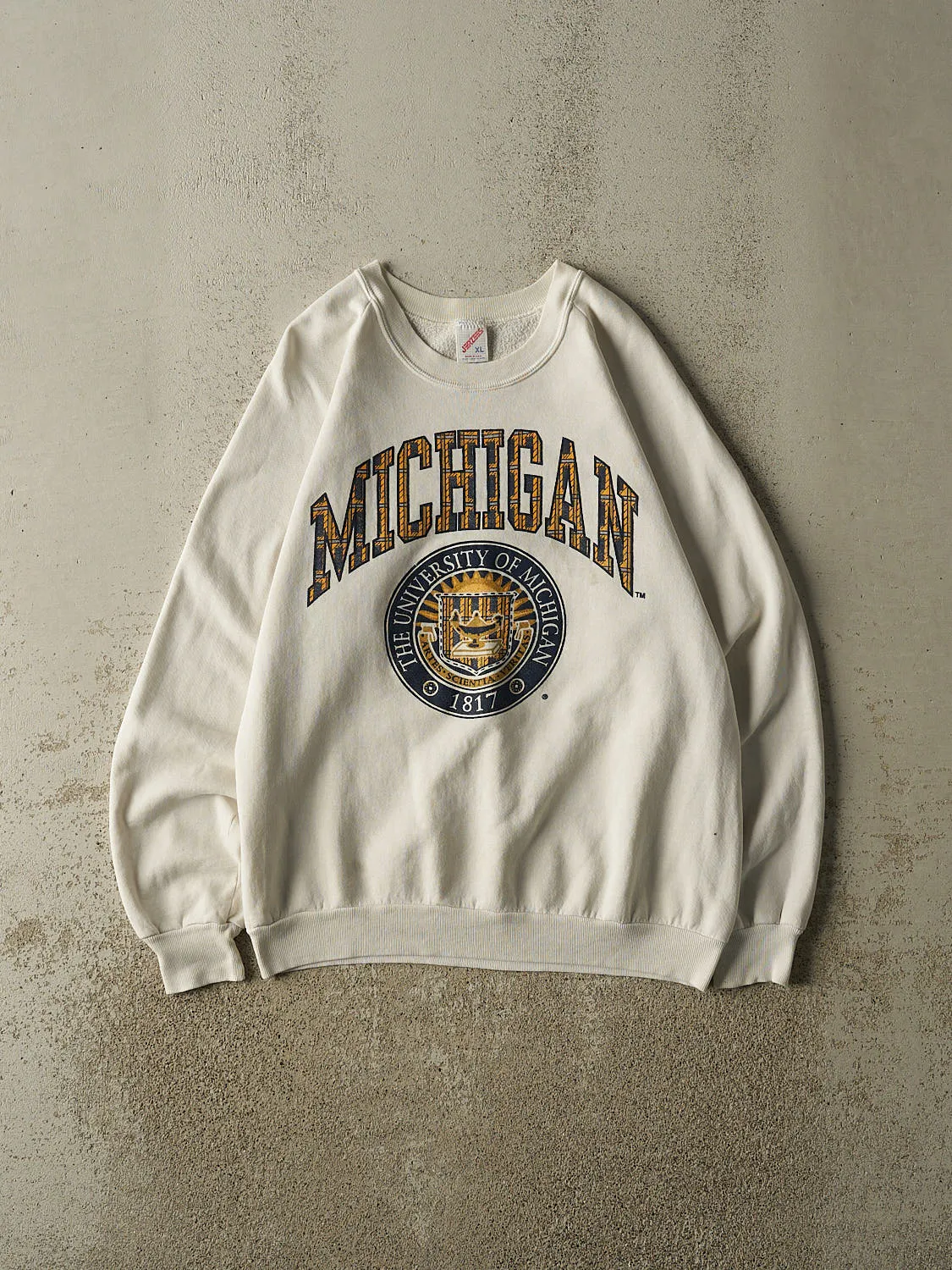 Vintage 80s Beige University of Michigan Crewneck (M) sold by Rebalance Vintage