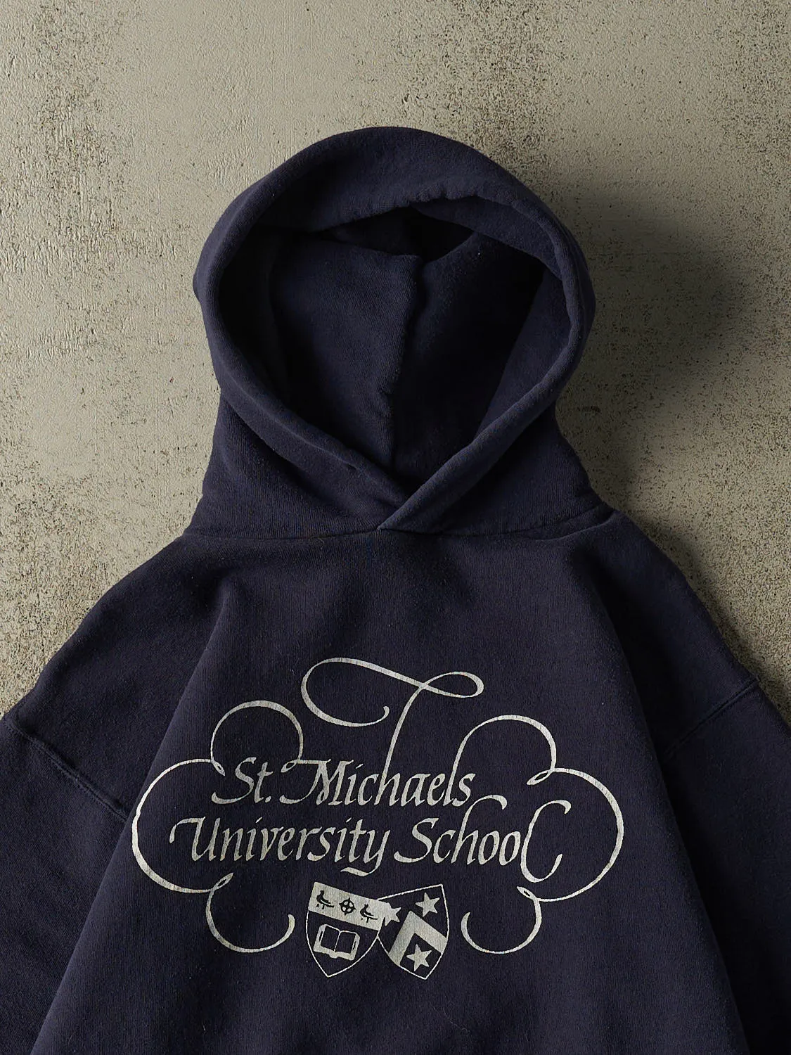 Vintage 80s Navy Blue Russell Athletic St. Michaels University Hoodie (S/M) sold by Rebalance Vintage product image thumbnail 2