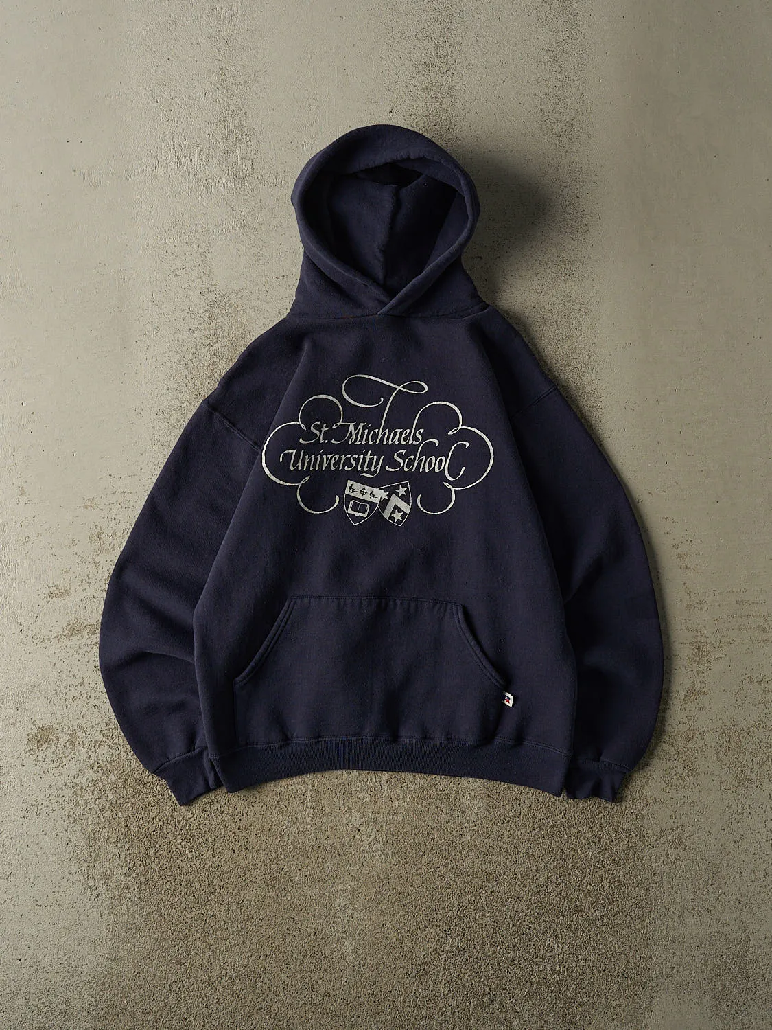 Vintage 80s Navy Blue Russell Athletic St. Michaels University Hoodie (S/M) sold by Rebalance Vintage
