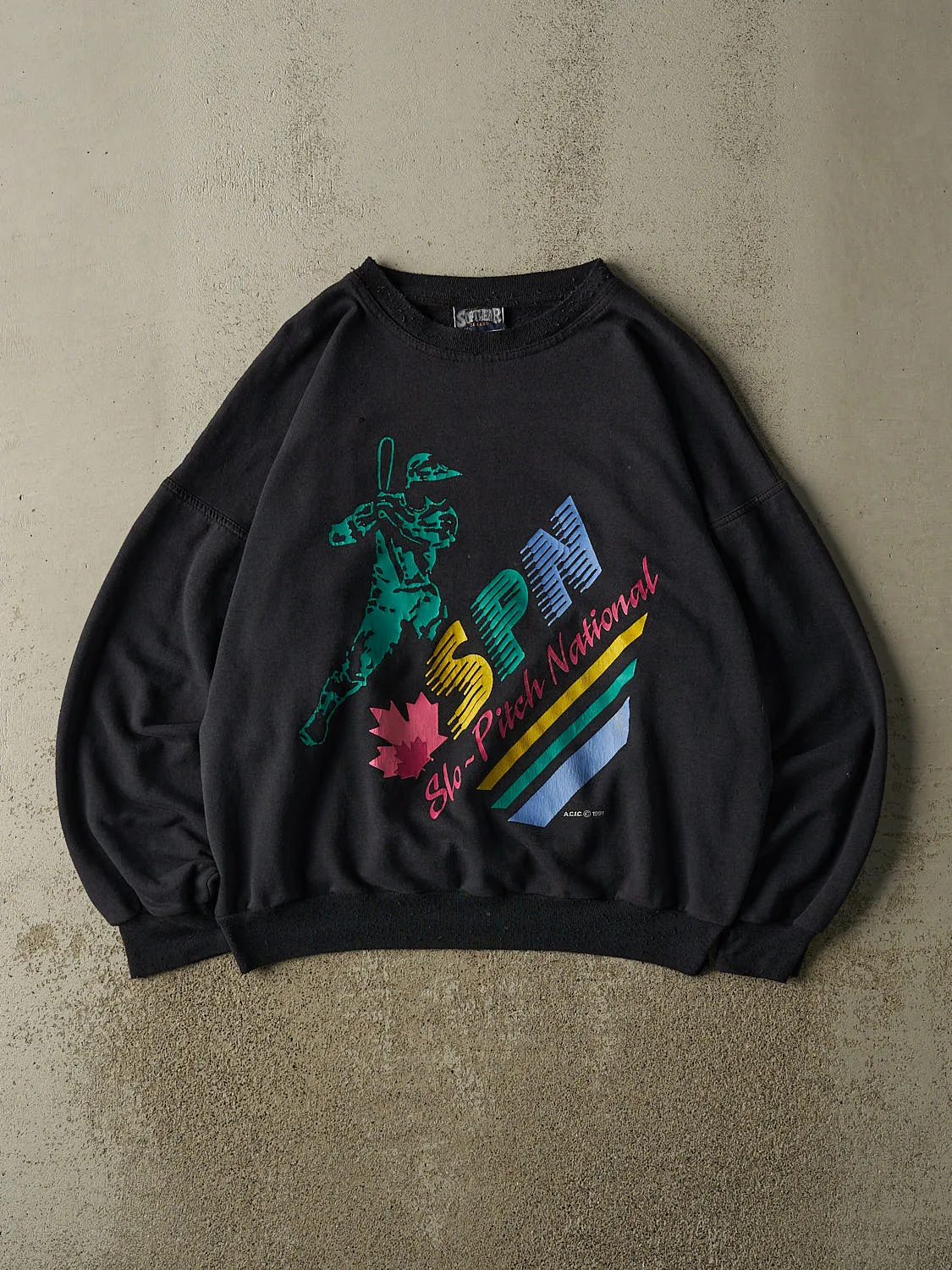 Vintage 91' Faded Black Slo-Pitch National Crewneck (XL) sold by Rebalance Vintage