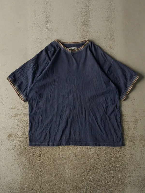Vintage 90s Navy Blue Patterned Ringer Tee (XL) sold by Rebalance Vintage