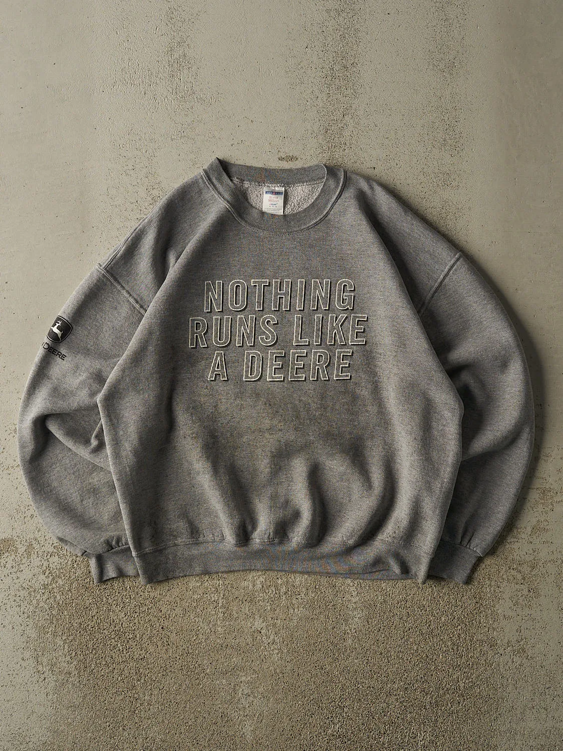 Vintage Y2K Grey John Deere "Nothing Runs Like A Deere" Slogan Crewneck (L/XL) sold by Rebalance Vintage