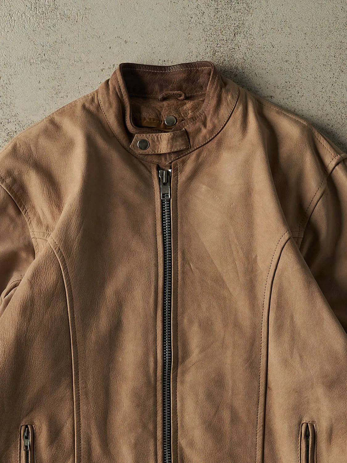 Vintage 90s Beige Leather Biker Jacket (L/XL) sold by Rebalance Vintage product image thumbnail 4