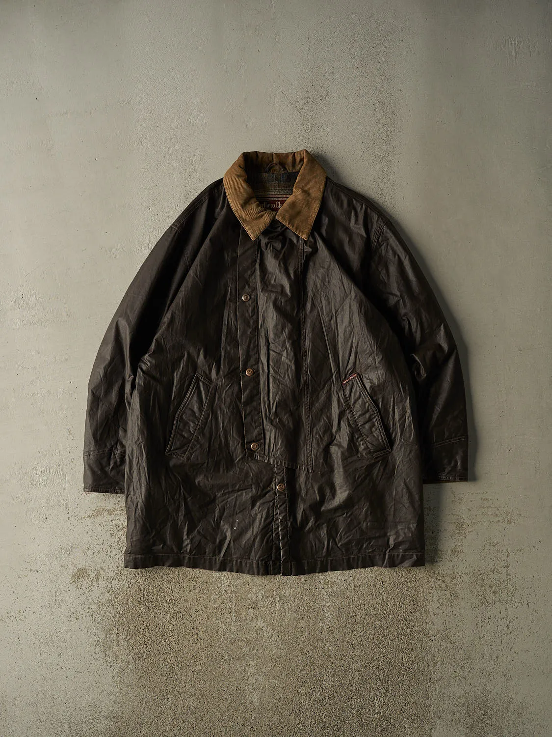 Vintage 90s Brown Marlboro Plaid Lined Trench Rain Jacket (XXL) sold by Rebalance Vintage