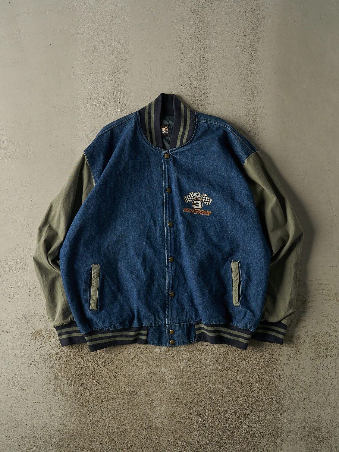 Vintage 90s Mid Wash Denim Racing Varsity Jacket (XXL/XXXL) sold by Rebalance Vintage
