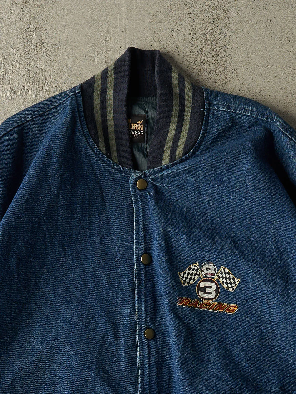 Vintage 90s Mid Wash Denim Racing Varsity Jacket (XXL/XXXL) sold by Rebalance Vintage product image thumbnail 3