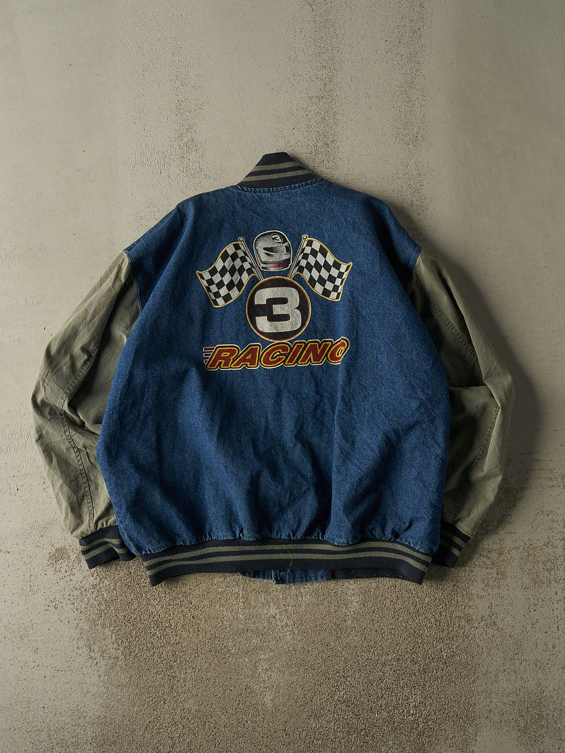 Vintage 90s Mid Wash Denim Racing Varsity Jacket (XXL/XXXL) sold by Rebalance Vintage product image thumbnail 2