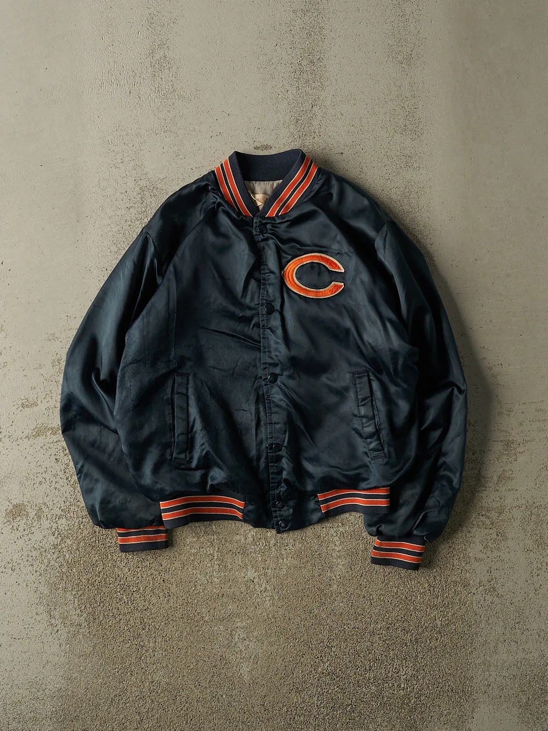 Vintage 80s Blue Chicago Bears Chalk Line Satin Bomber Jacket (XS/S) sold by Rebalance Vintage