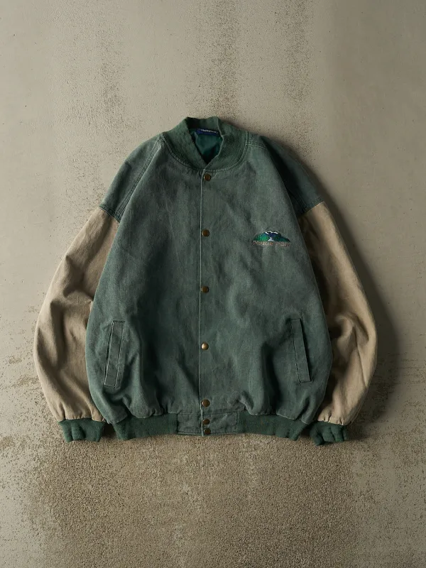 Vintage 90s Green & Beige Embroidered Bomber Jacket (XL) made by Rebalance Vintage