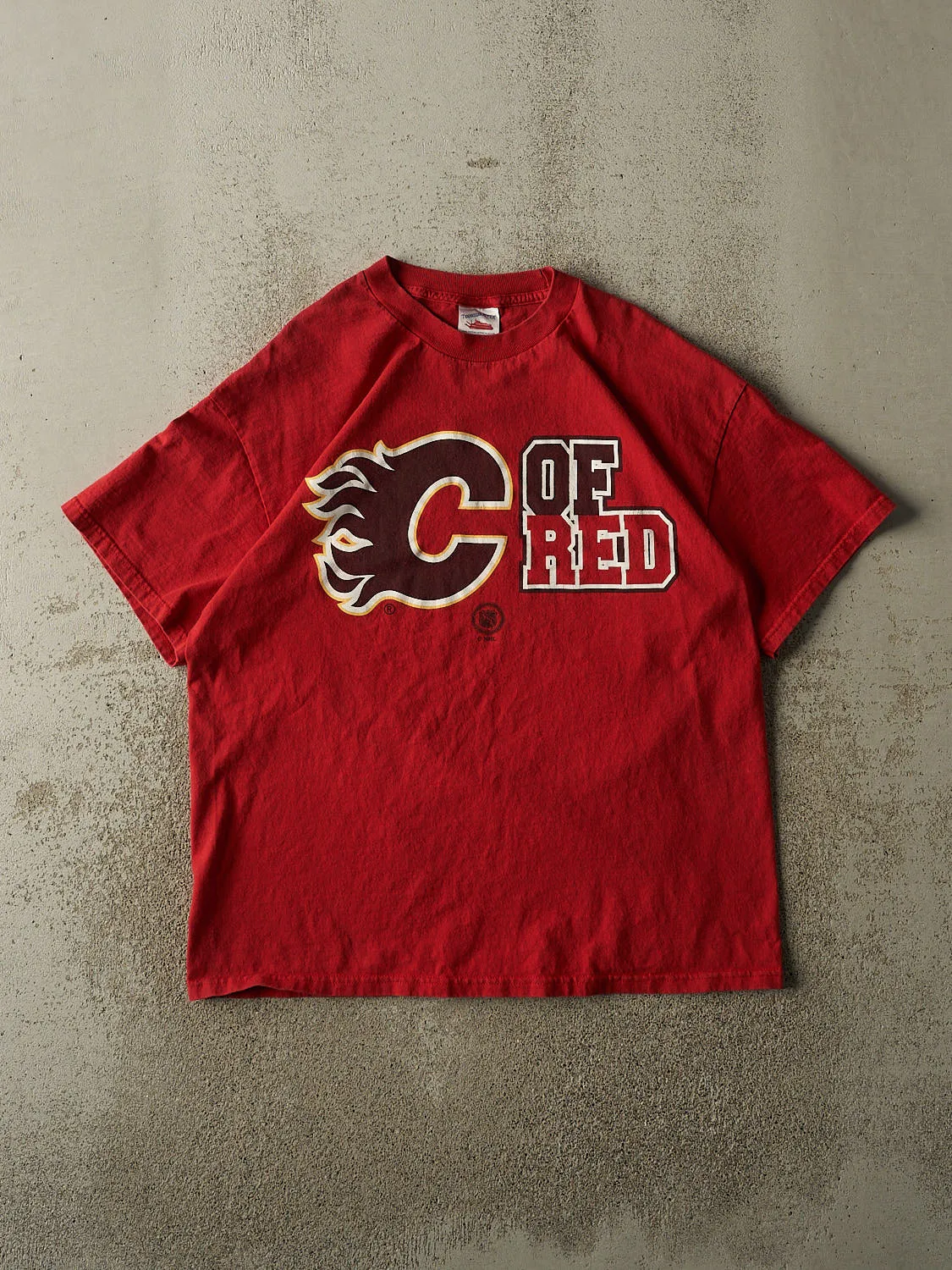 Vintage Y2K Red Calgary Flames "C Of Red" Tee (L/XL) sold by Rebalance Vintage