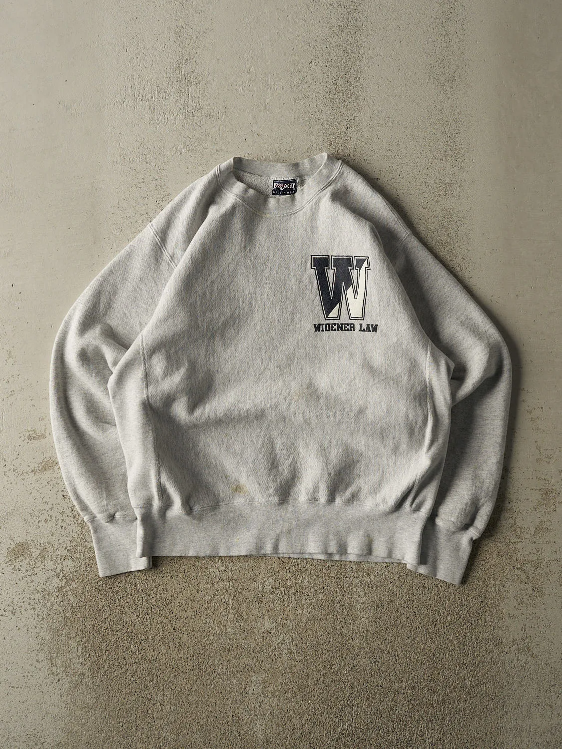 Vintage 90s Heather Grey Widener Law Crewneck (L) sold by Rebalance Vintage