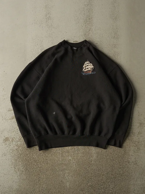 Vintage 90s Black Ship Embroidered Crewneck (L/XL) made by Rebalance Vintage